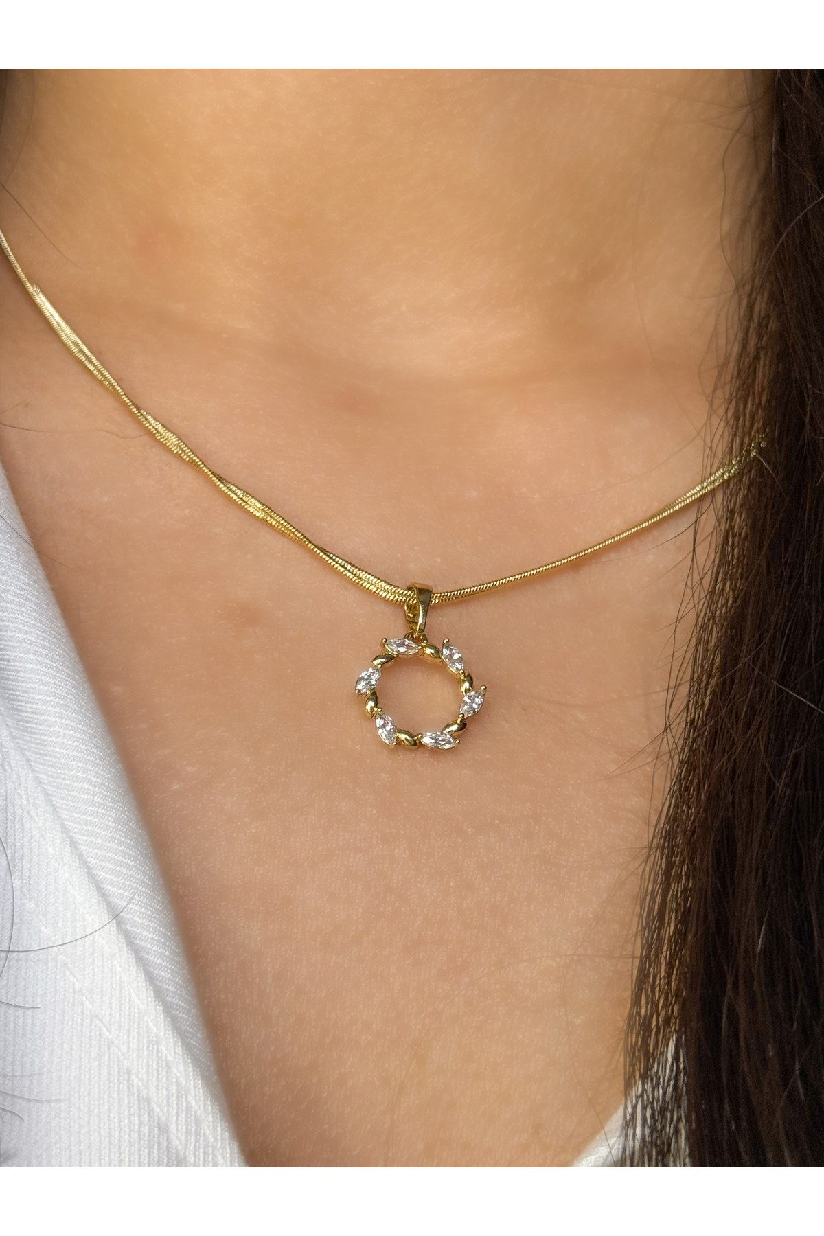 Çelik 14K Altın Kaplama Zirkon Taşlı Helen Kolye Gold