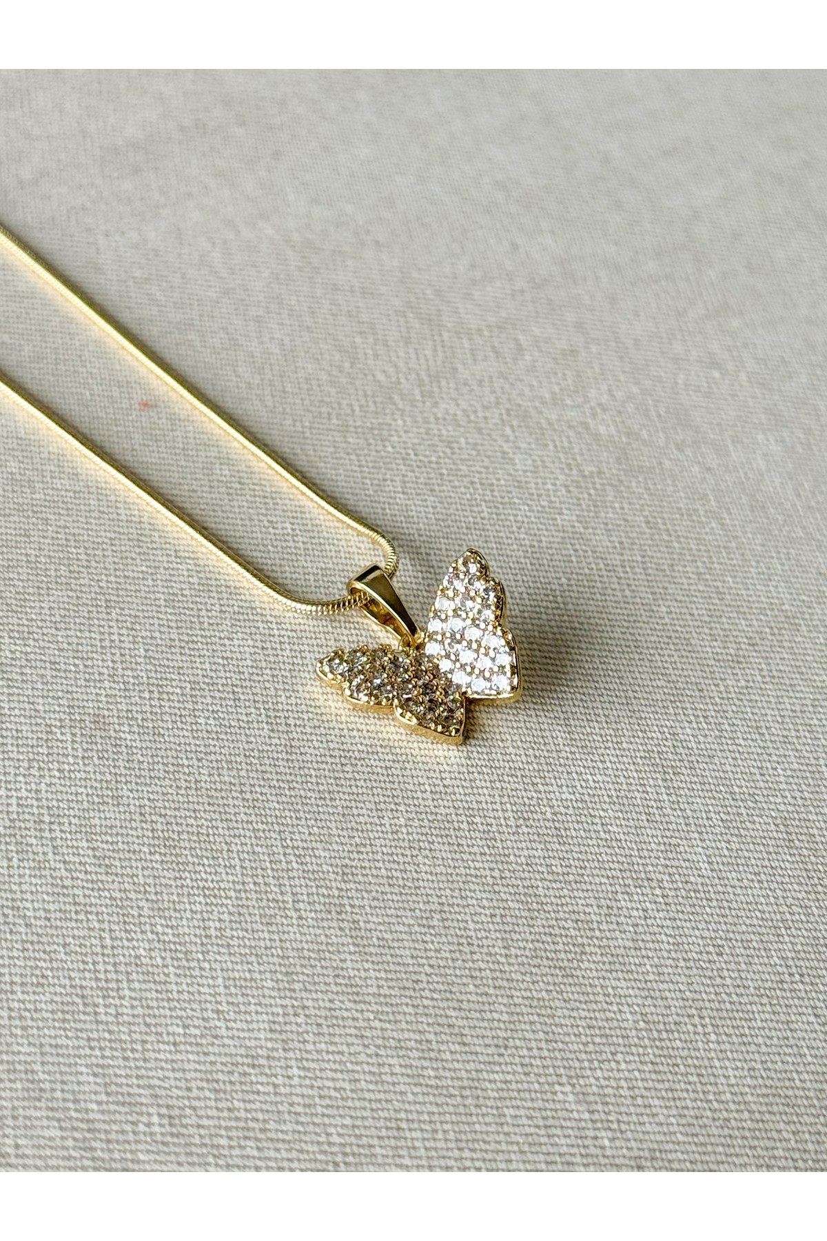 Çelik 14K Altın Kaplama Zirkon Taşlı Kelebek Kolye Gold
